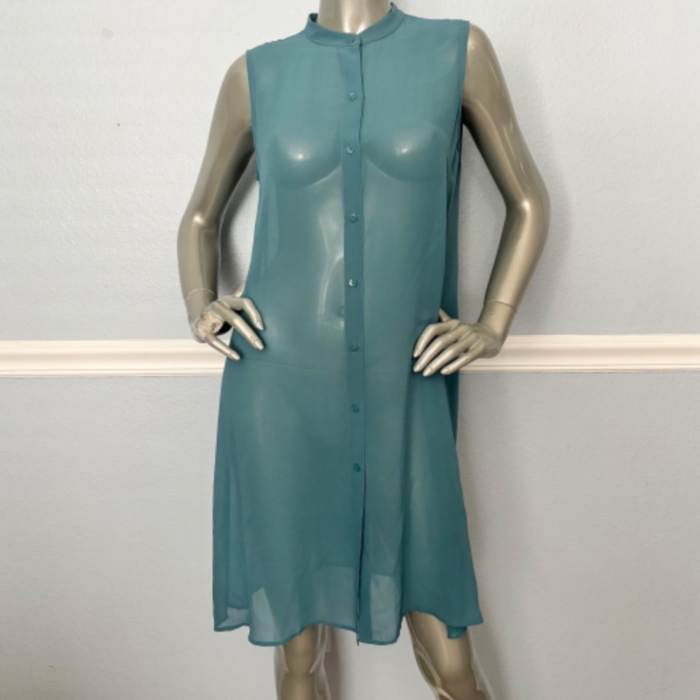 Eileen Fisher Sheer Silk Georgette Mandarin Collar Shirt Top River Nwt XS